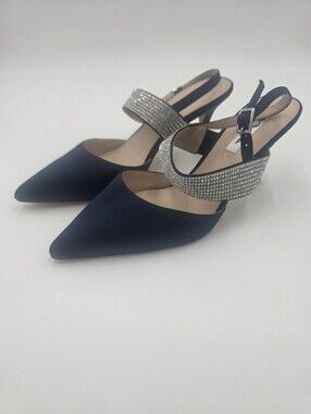 Nina Navy Blue Satin Pointed Toe Heels with Rhinestone Strap Size 10M.